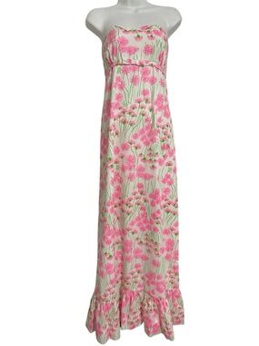 1970 Lilly Pulitzer Pink Green Floral Strapless Maxi  Print Designer Suzie Zuzek